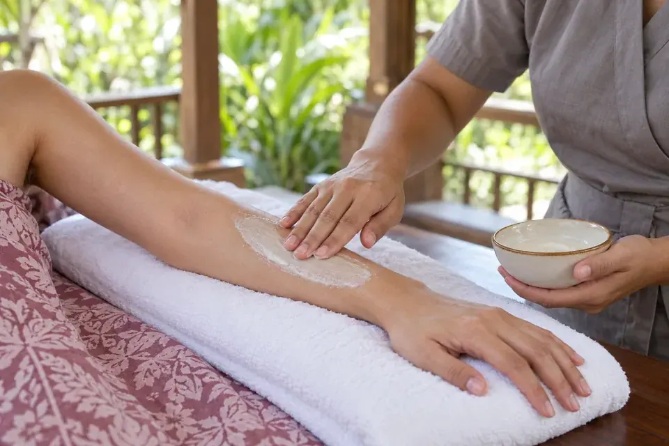 Rice scrub applied to the forearm