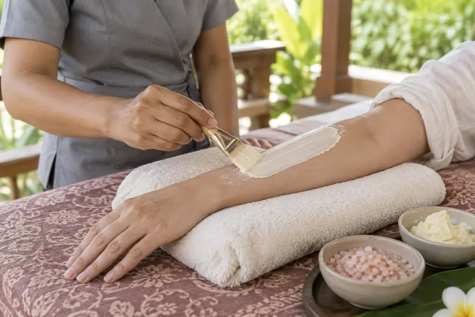 A smooth cacao butter mask applied to the forearm with pink salt nearby