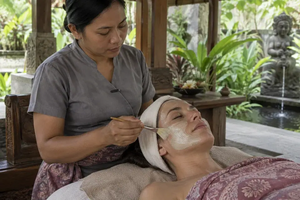 A botanical facial mask applied with a soft brush