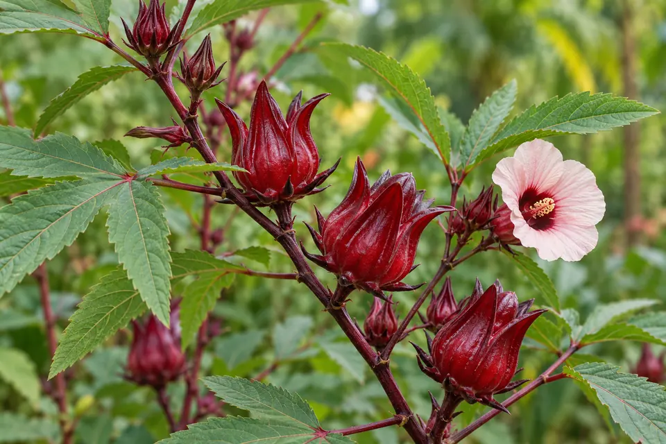 AI botanical illustration of Rosella (Hibiscus sabdariffa)